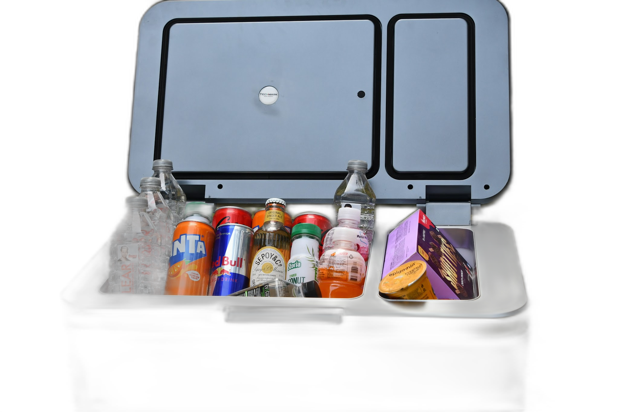 FROSTIQ top-down open, dual-zone split — drinks on one side, snacks on the other