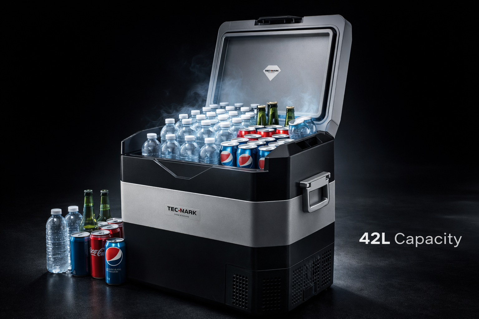 ARCTIQ open, fully loaded with cans and bottles, 42L capacity