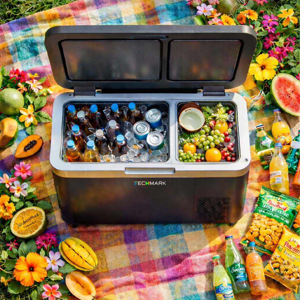 FROSTIQ at a colourful picnic, dual-zone showing drinks + fruit